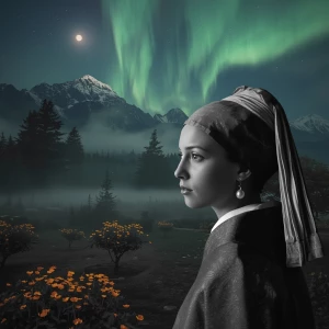 Mountains glowing under aurora borealis Dream garden under moonl...