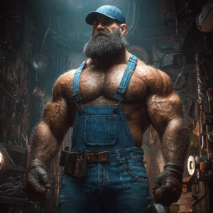 Imagine a muscular and very hairy handyman without a shirt, dres...