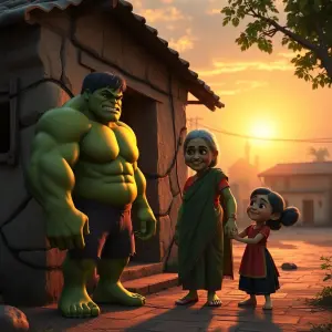 A cinematic 3D animated scene of Hulk standing outside a small v...