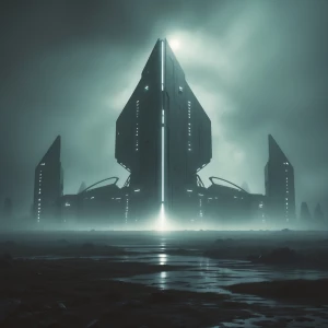 An enigmatic alien landscape shrouded in mist, an imposing struc...