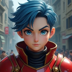 human man with blue eyes and short blue hair wearing red armor