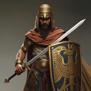 A realistic image of an Arab warrior wearing an eagle-shaped shi...