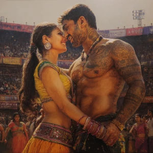 Hyperrealism ,oil painting,.big guajarat stadium with people enj...