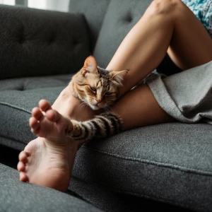 A woman kissing a woman's feet on a couch
