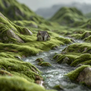 A landscape looks like spun wool, a house in the middle of green...