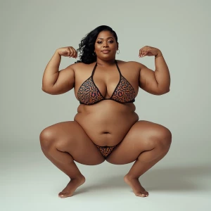 a big woman in a bikini squatting