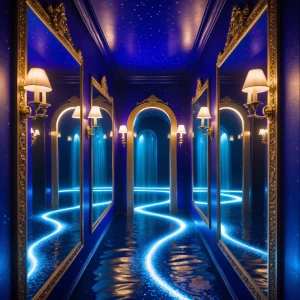 In a sapphire-gilded hallway, the grand corridor is drenched in...