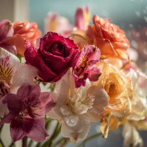 A breathtaking arrangement of vibrant, fresh flowers in soft nat...