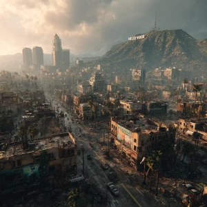 A wide-angle, cinematic shot of a dystopian Los Angeles in the a...