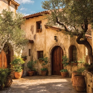 Capture a picturesque Italian villa featuring cream stucco walls...