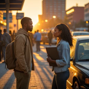 Scene 1 – Bus Stop Encounter

Prompt:
“Early morning city bus...