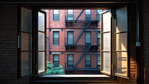 photo of an open industrial window, connecting indoor and outdoo...