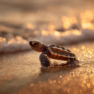 A tiny baby sea turtle on a sandy beach at sunrise, cinematic an...