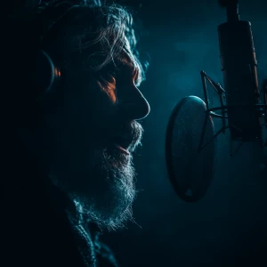 Create a dramatic movie trailer voiceover with a deep, powerful...