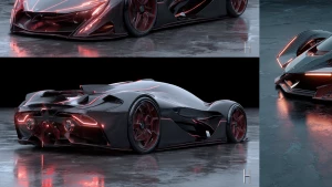 a futuristic hypercar with sharp aerodynamic fins,
carbon fiber...