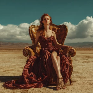 Redhead supermodel in a high end luxury gown sitting on a high e...