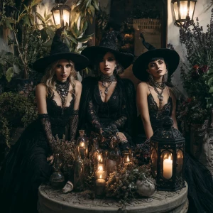 Three elegant witches are gathered in a circle within a shadowy,...