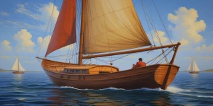 Barca a vela e casette colorate stile fumetto realistico