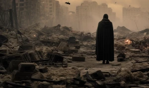 A scorched city frozen in time, human silhouettes burned into cr...