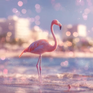Flamingo by the shoreline, beach, bokeh