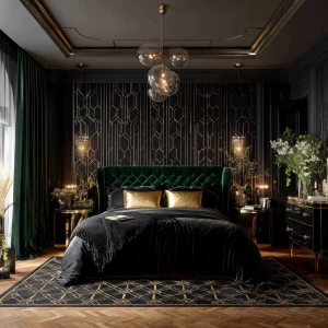 Ultra-realistic photograph of an Art Deco glamorous bedroom, ful...