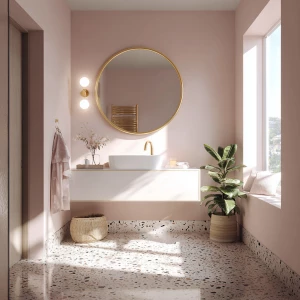 Generate an image of a small pastel pink bathroom with a terrazz...