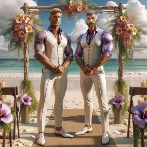 Two muscular men standing together on a sunlit tropical beach, p...