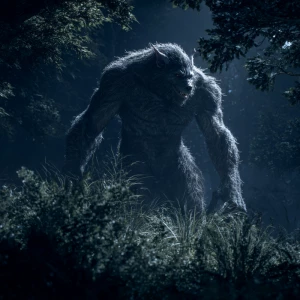 In a moonlit forest clearing, envision a fearsome lycanthrope to...