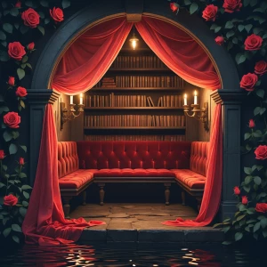 Rose-Veil Hidden Chamber
Secret book nook behind a rose-draped a...