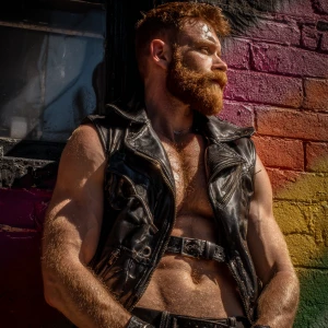 This is an outdoor photograph featuring a ginger muscular, adult...