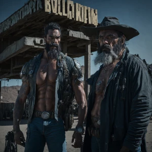 In a weathered roadside rest stop, a burly trucker, his beard un...