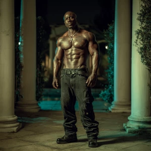 The image depicts a muscular,bodybuilder African American man st...