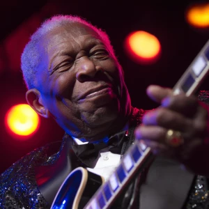 Intimate close-up of B.B. King’s upper body, wearing a black seq...