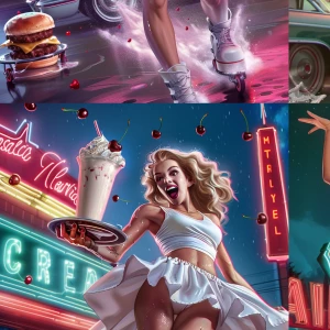 1950s retro pin-up illustration, glamorous roller-skate waitress...