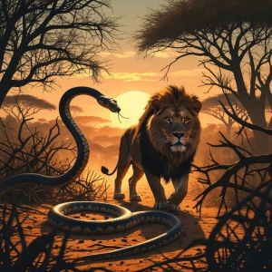 An image depicting a slithering snake stealthily tracking a lion...