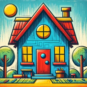 The image shows a simple, childlike crayon drawing of a house. T...