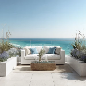 Create a scene of a luxurious coastal lawn with a stunning ocean...