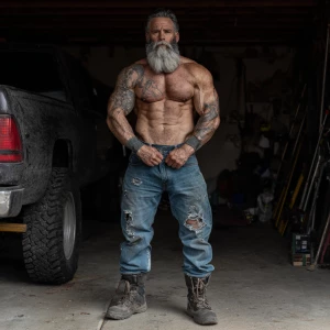 A bodybuilder with big arms, big chest hairy chest wearing denim...