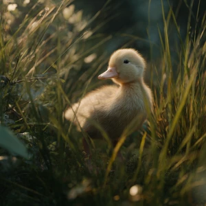 A baby call duck waddles gently through soft green grass in warm...