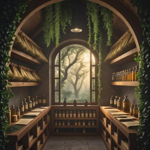 In a hidden herb apothecary, concealed behind a curtain of ivy a...