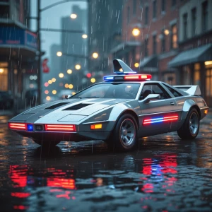 A 1980s sci-fi police concept car with chrome body panels, red-b...