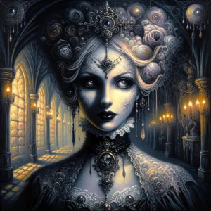 Illustrate an enigmatic scene where an ethereal figure is depict...