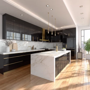 Design a modern luxury kitchen featuring black lower cabinets, g...