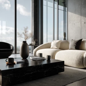 Create an ultra-realistic image of a monochrome luxury living ro...