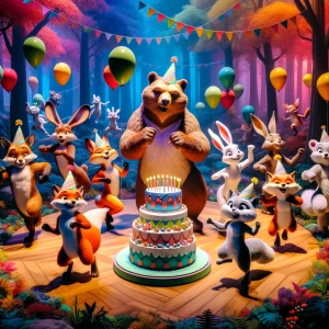 Imagine a whimsical scene of anthropomorphic animals celebrating...