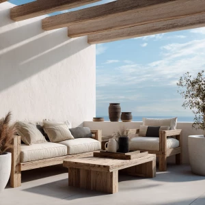 Create an image of a minimalist terrace featuring pale wood furn...
