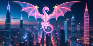 A luminous neon cityscape, filled with towering skyscrapers emit...