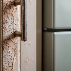 Photograph a single kitchen cabinet door close-up, showing sligh...