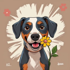 Cartoon dog with a flower in mouth