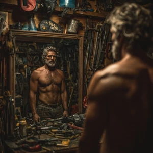 Generate an image depicting a muscular, weathered handyman stand...